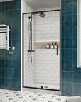 Side view of framed watertight shower enclosures, model size 32 x 72 with black frame and clear glass door | Ace Decor