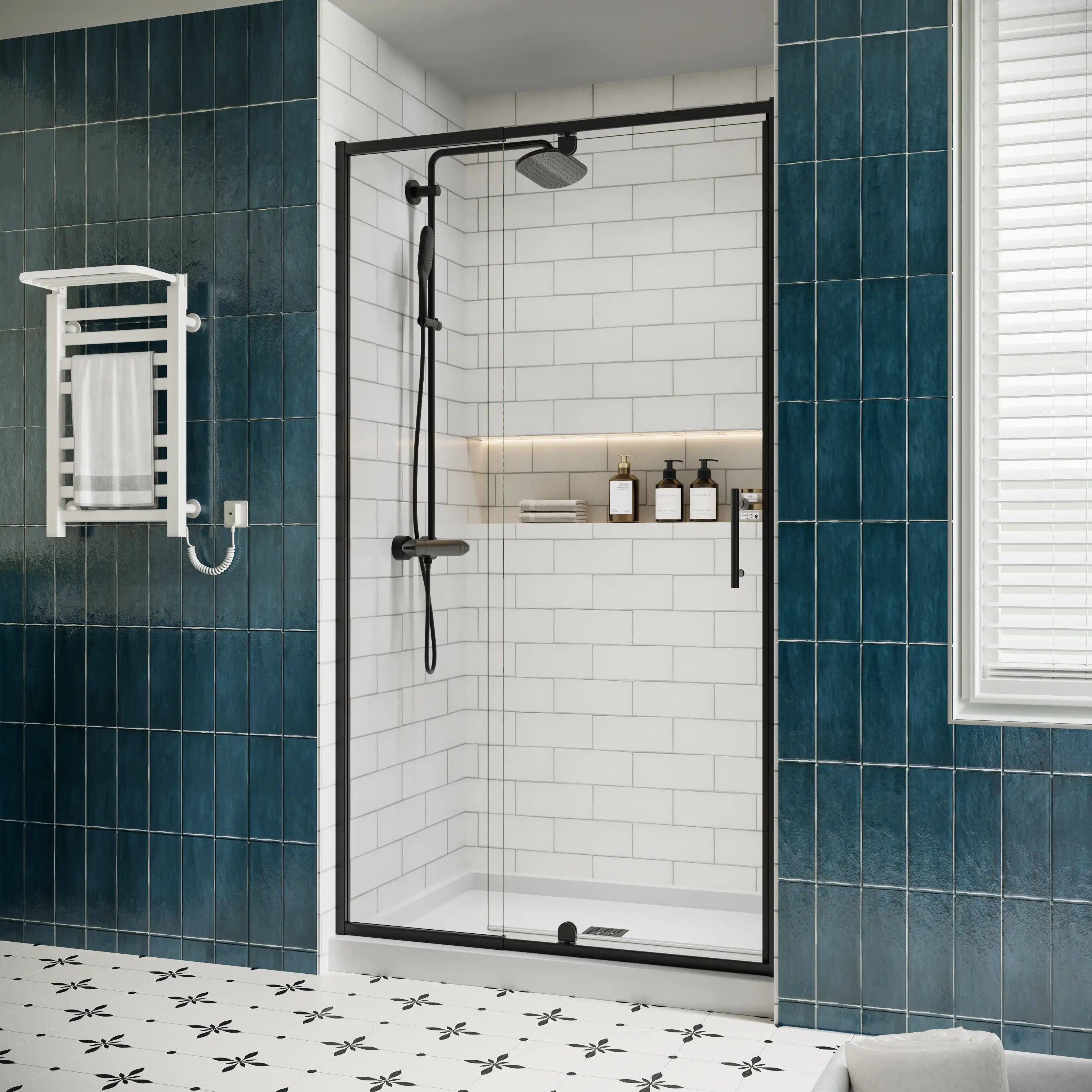 Side view of 36 x 72 36 pivot shower door with clear tempered glass and matte black frame in a modern bathroom | Ace Decor