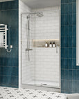 Side view of 36 x 72 pivot shower door with clear tempered glass in a modern bathroom interior | Ace Decor