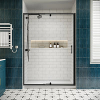 Front view of pivot shower door with shower system, in a modern bathroom.