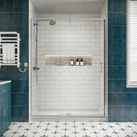 Modern bathroom with watertight pivot shower door, model size 60 x 71, front view.