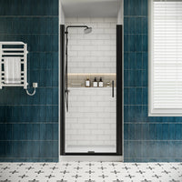 P103 Zerra Semi-Frameless Pivot Shower Door Closed in a Modern Bathroom.