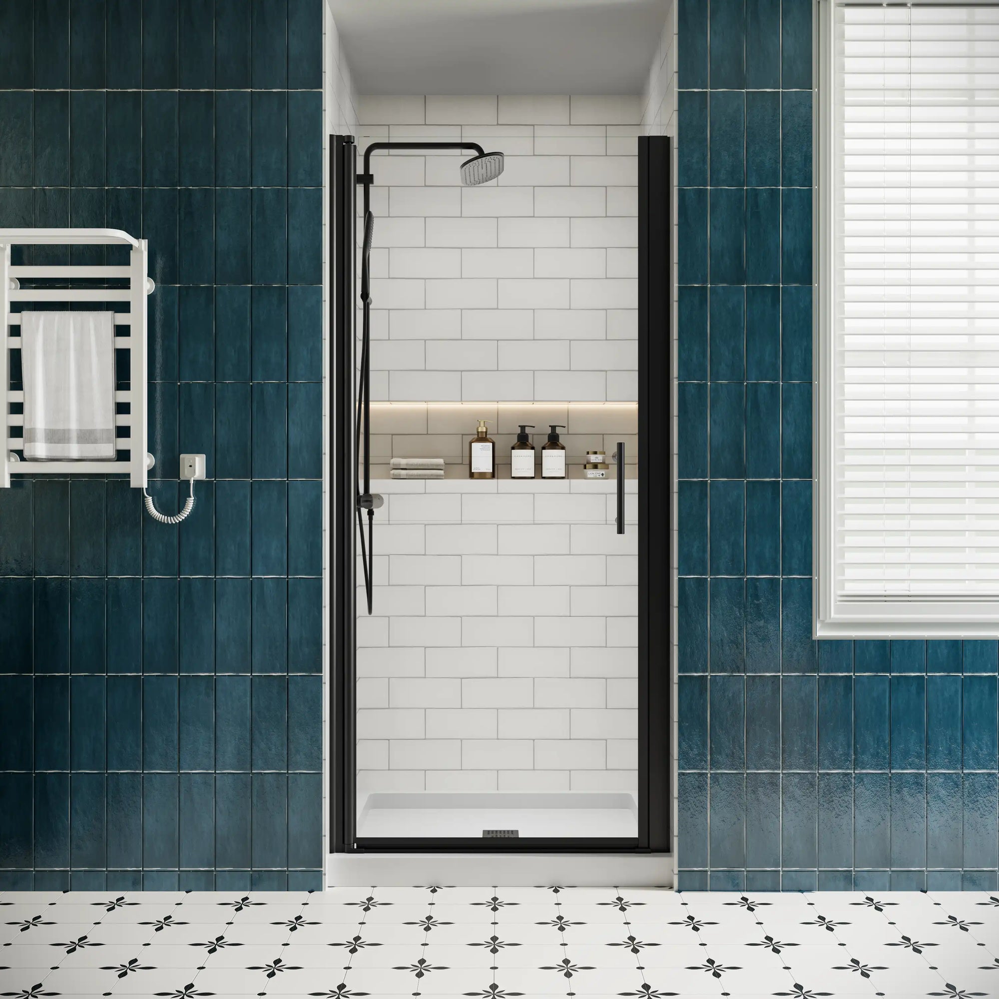 P103 Zerra Semi-Frameless Pivot Shower Door Closed in a Modern Bathroom.