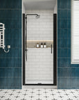 P103 Zerra Semi-Frameless Pivot Shower Door Closed in a Modern Bathroom.