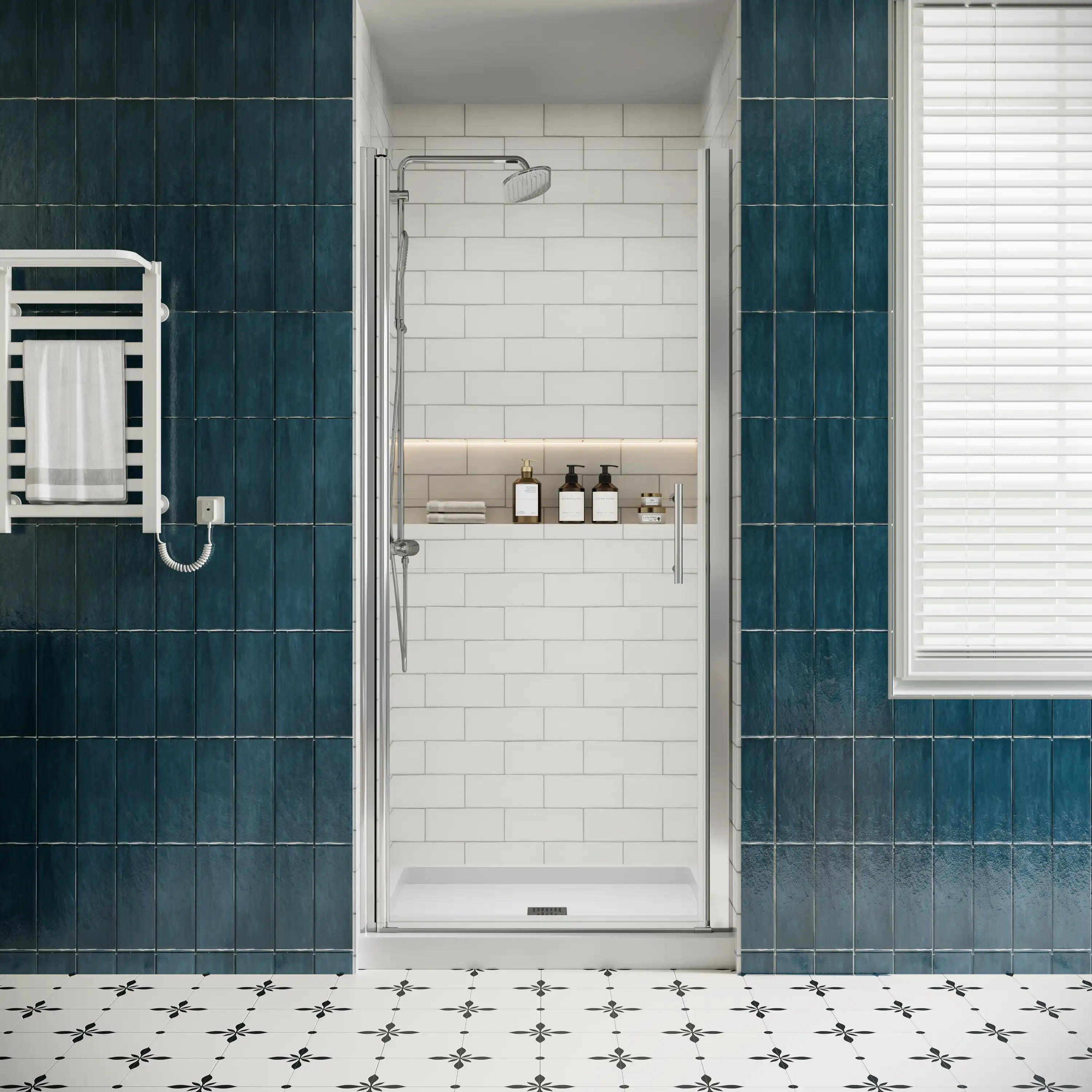 P103 Zerra Semi-Frameless Pivot Shower Door Closed in a Modern Bathroom.