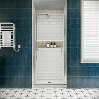 P103 Zerra Semi-Frameless Pivot Shower Door Closed in a Modern Bathroom.
