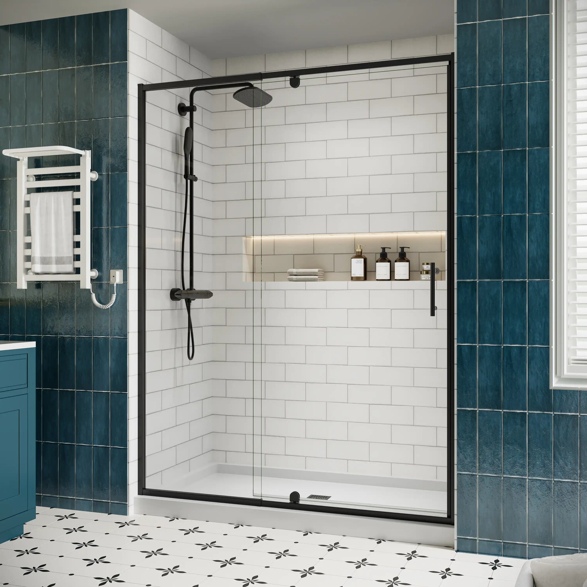 Side view of 60 pivot shower door with black frame, size 60 x 71 | Ace Decor