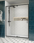 Side view of 60 pivot shower door with black frame, size 60 x 71 | Ace Decor