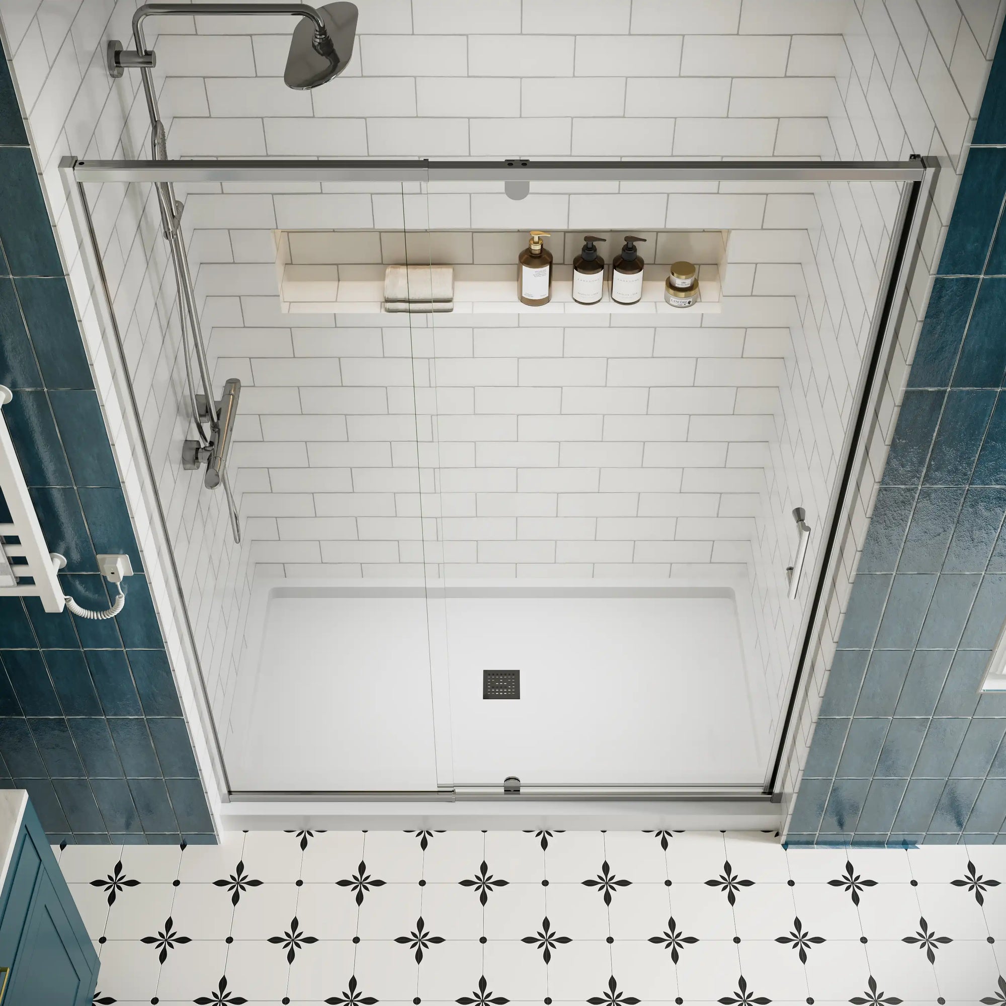 Top view of modern bathroom with 60x71 watertight shower enclosure, showing spacious pivot door design | Ace Decor