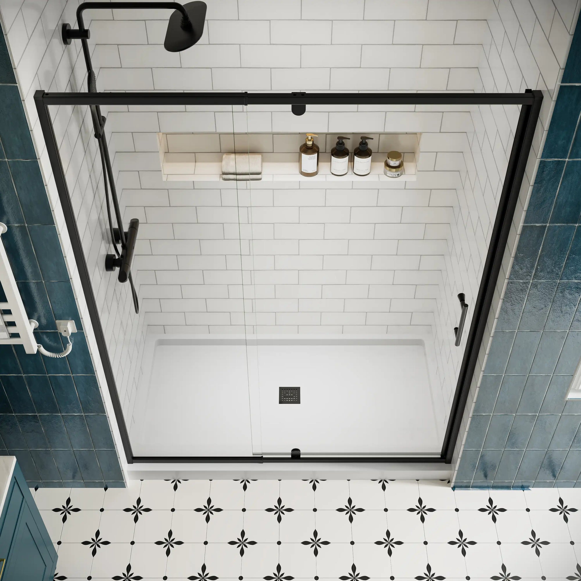 Top view of 60 pivot shower door with black frame, size 60 x 71 | Ace Decor