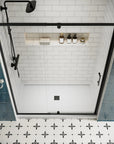 Top view of 60 pivot shower door with black frame, size 60 x 71 | Ace Decor