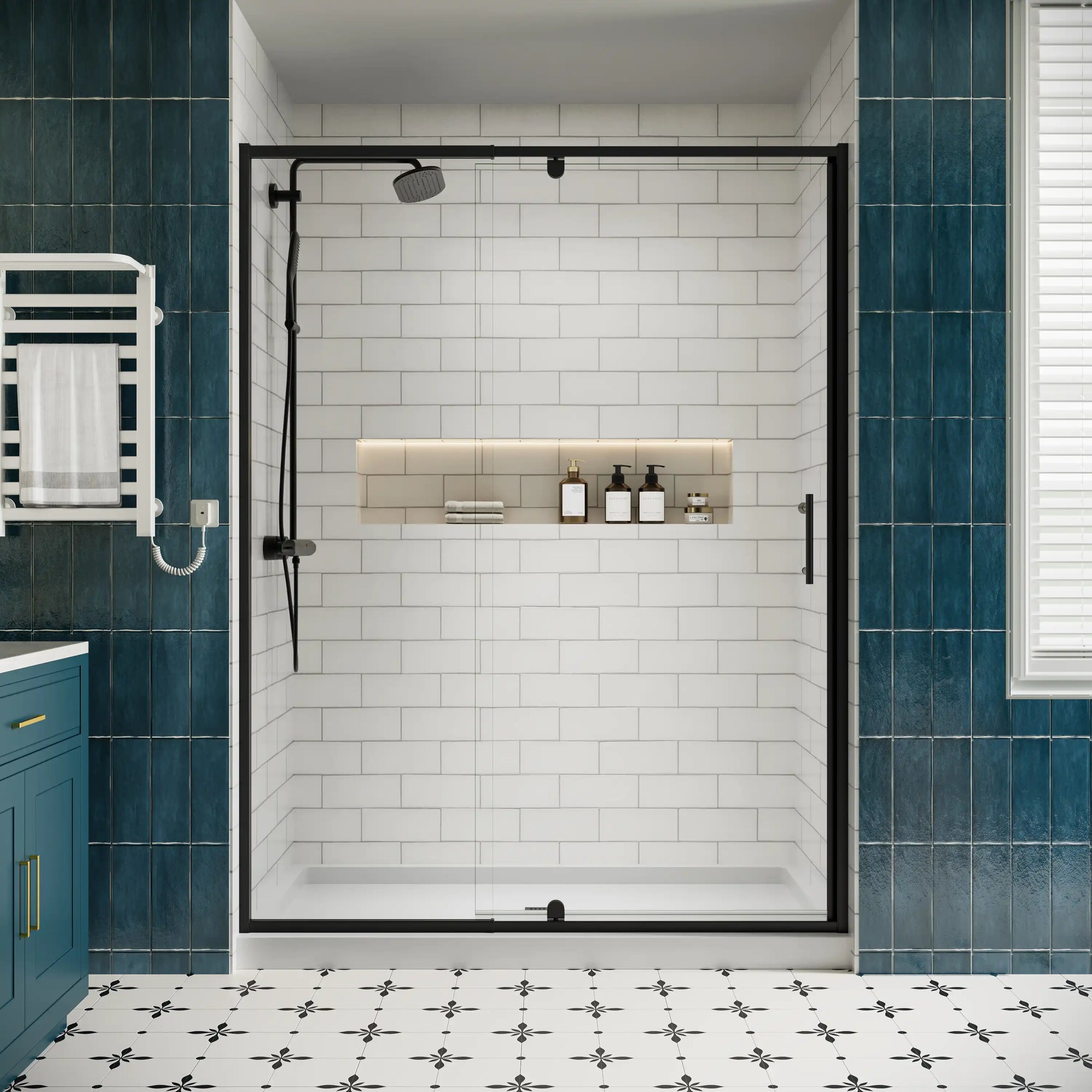 Front view of 60 pivot shower door with modern black frame, size 60 x 71 | Ace Decor