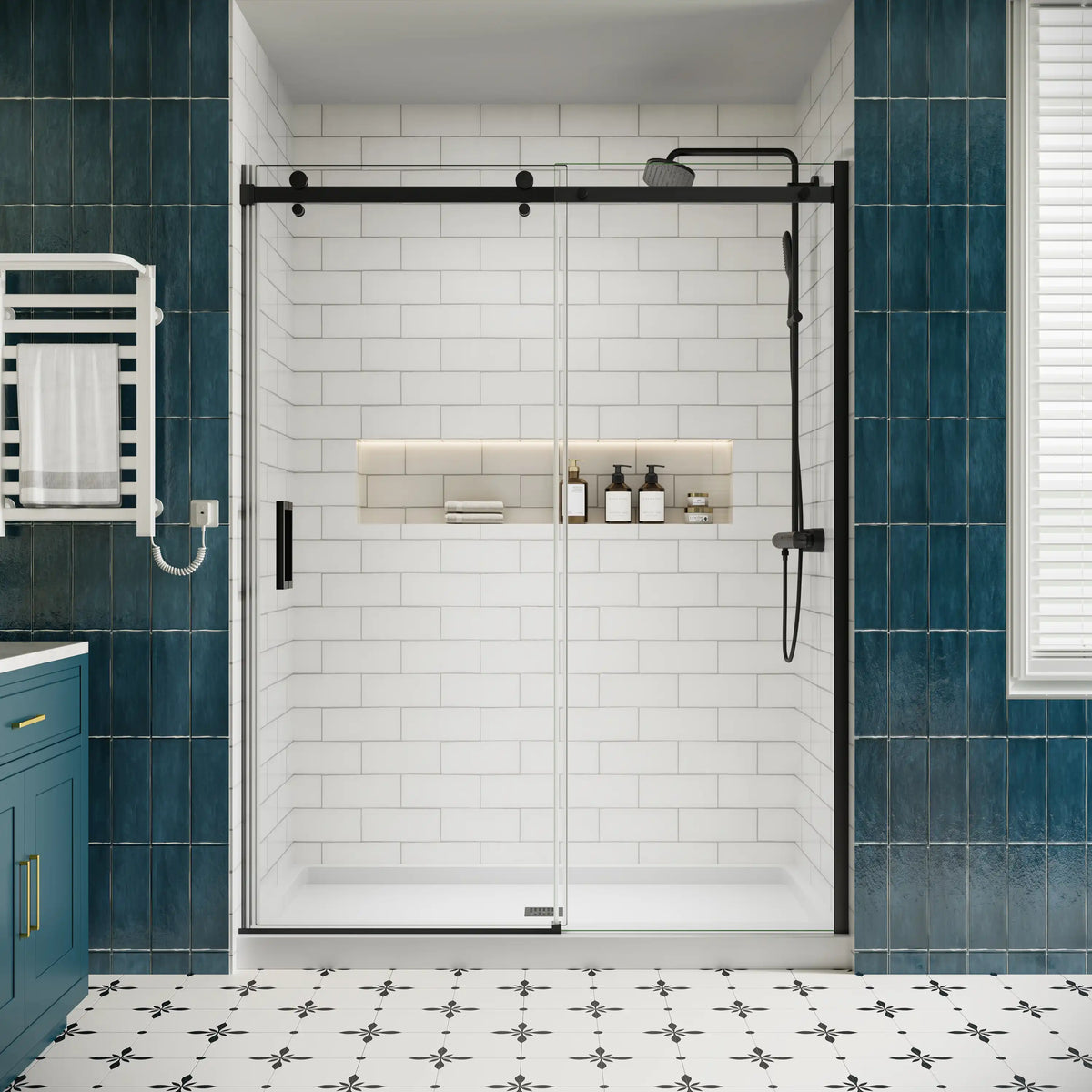 Lumora matte black semi-frameless sliding shower door with exposed rollers in a white subway-tile shower | Ace Decor
