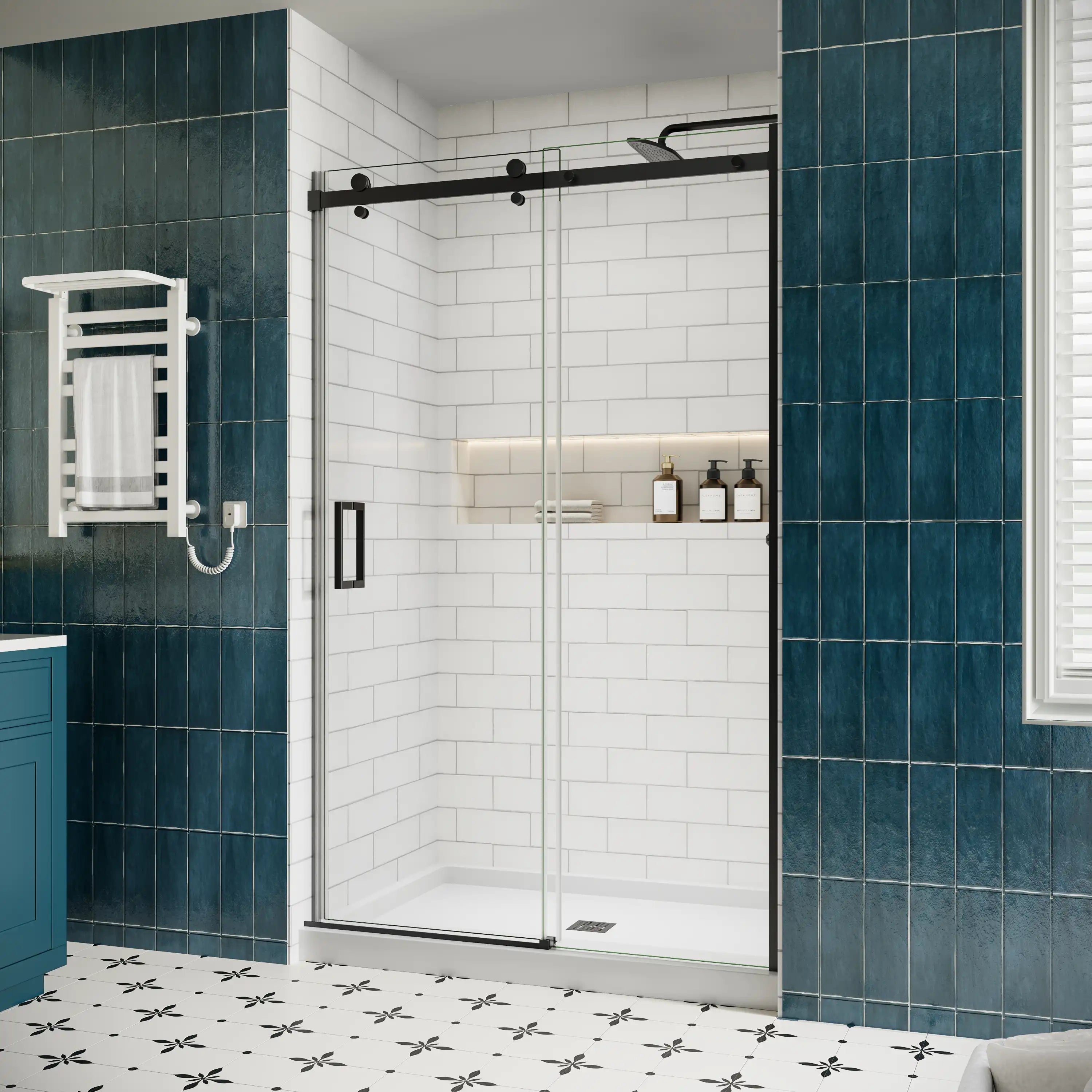 Frameless sliding shower screen, 48 x 74 inches, side view with tempered glass and sleek design | Ace Decor