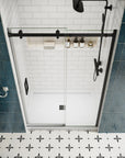 Frameless sliding shower screen, 48 x 74 inches, top view with tempered glass and modern design | Ace Decor