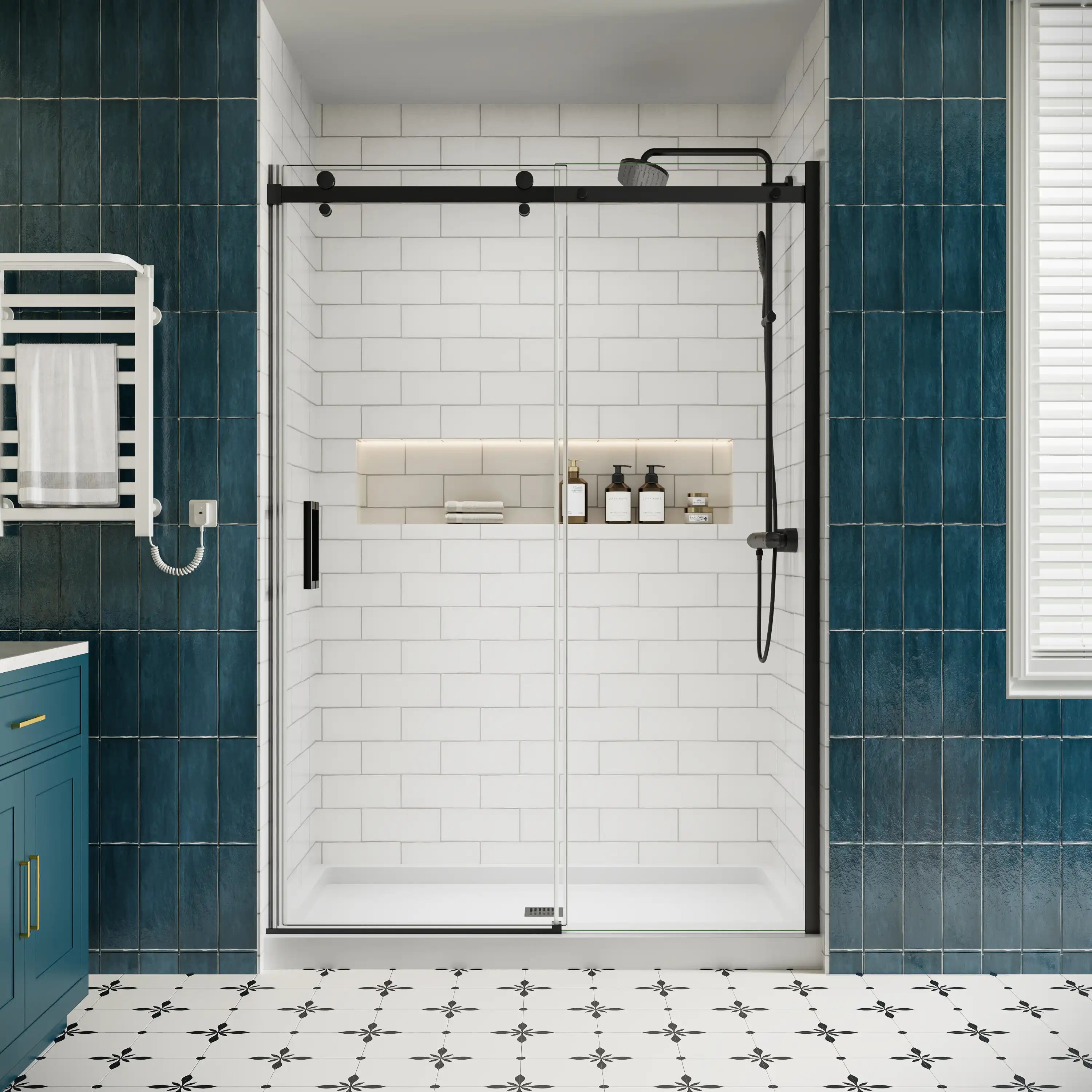 Lumora matte black semi-frameless sliding shower door with exposed rollers in a white subway-tile shower | Ace Decor