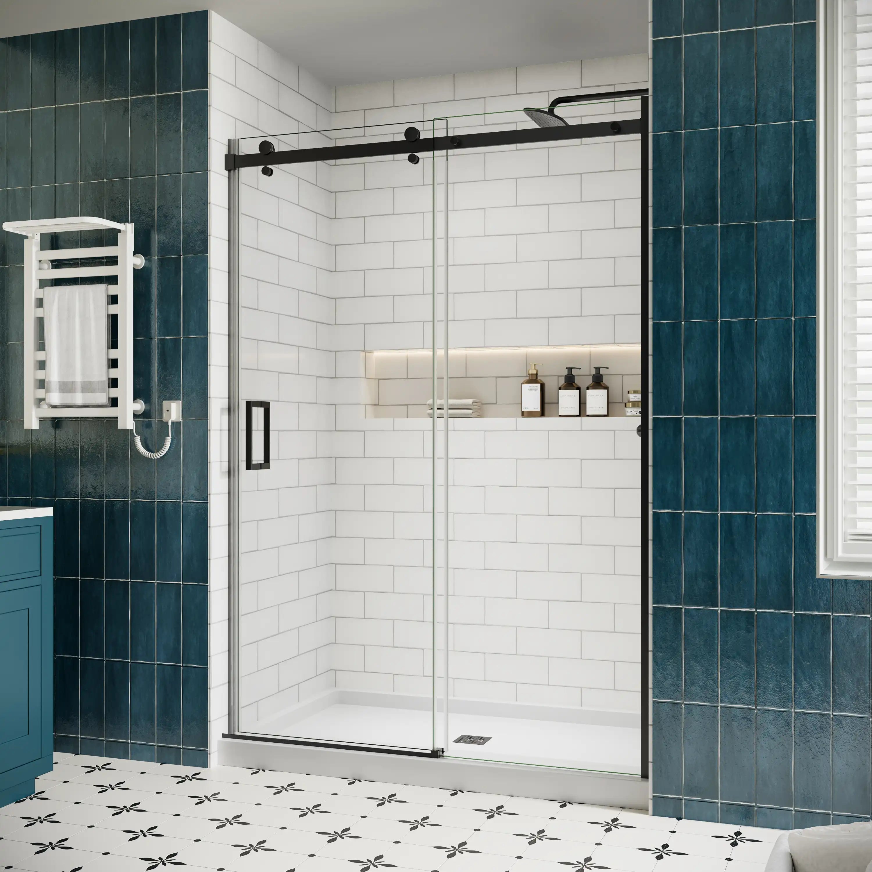 Shower door sliding frameless, side view with dimensions 54 x 74 inches | Ace Decor