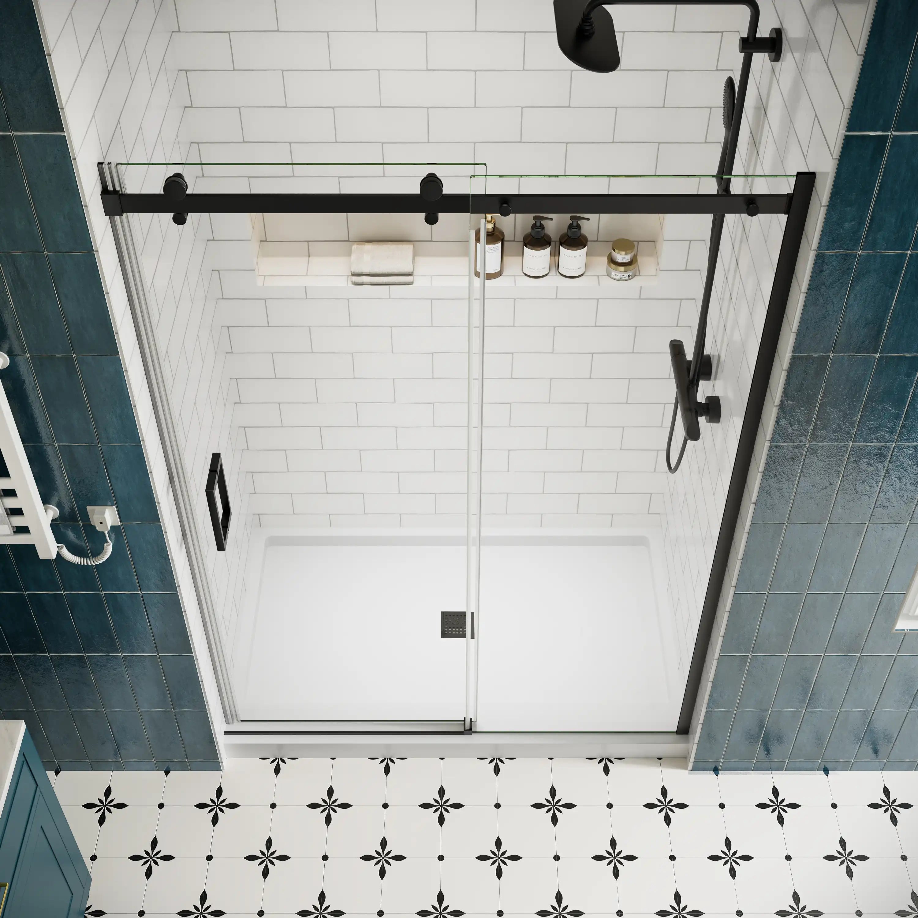 Shower door sliding frameless, top view with dimensions 54 x 74 inches | Ace Decor