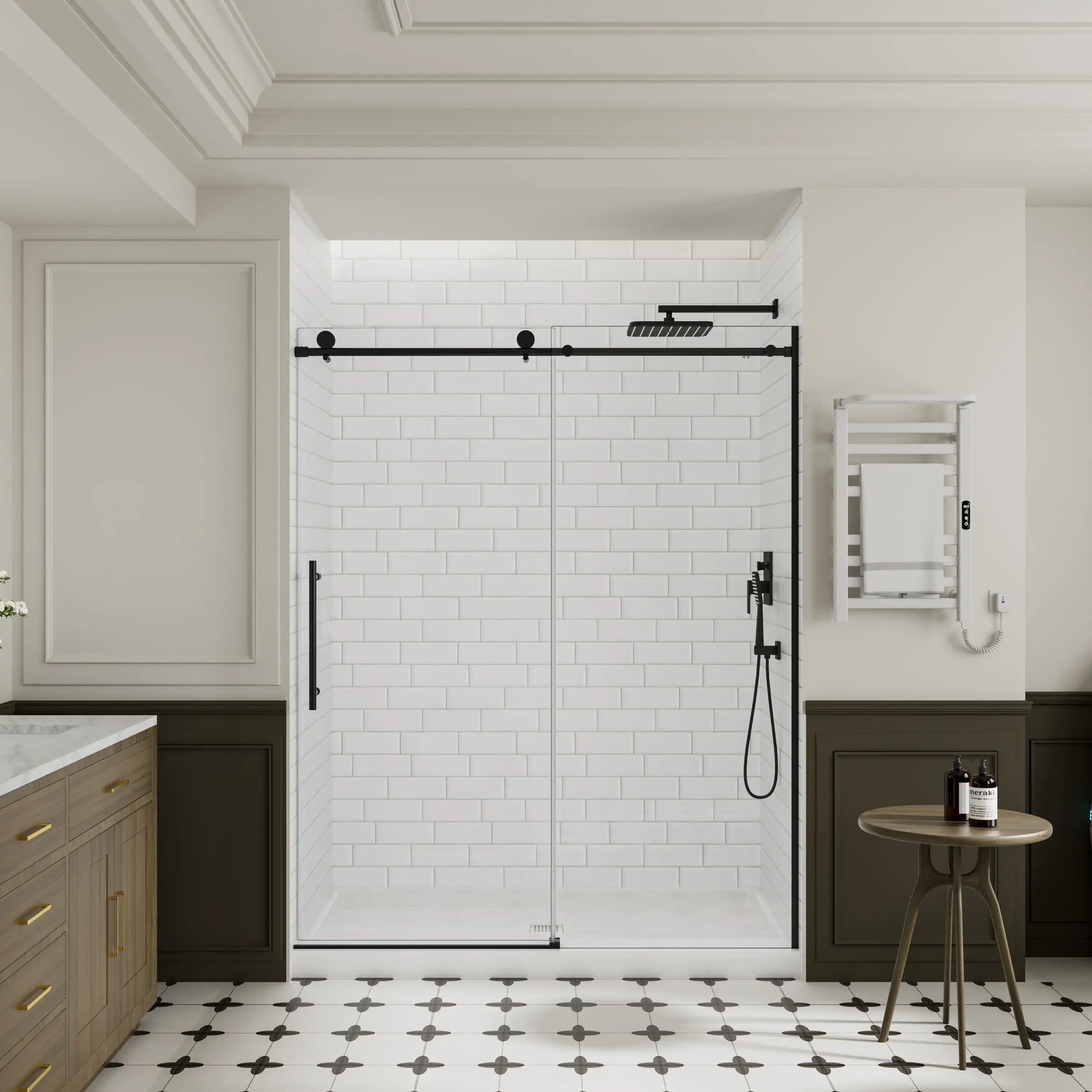 Modern bathroom with black frameless sliding shower door, size 60 x 74 | Ace Decor