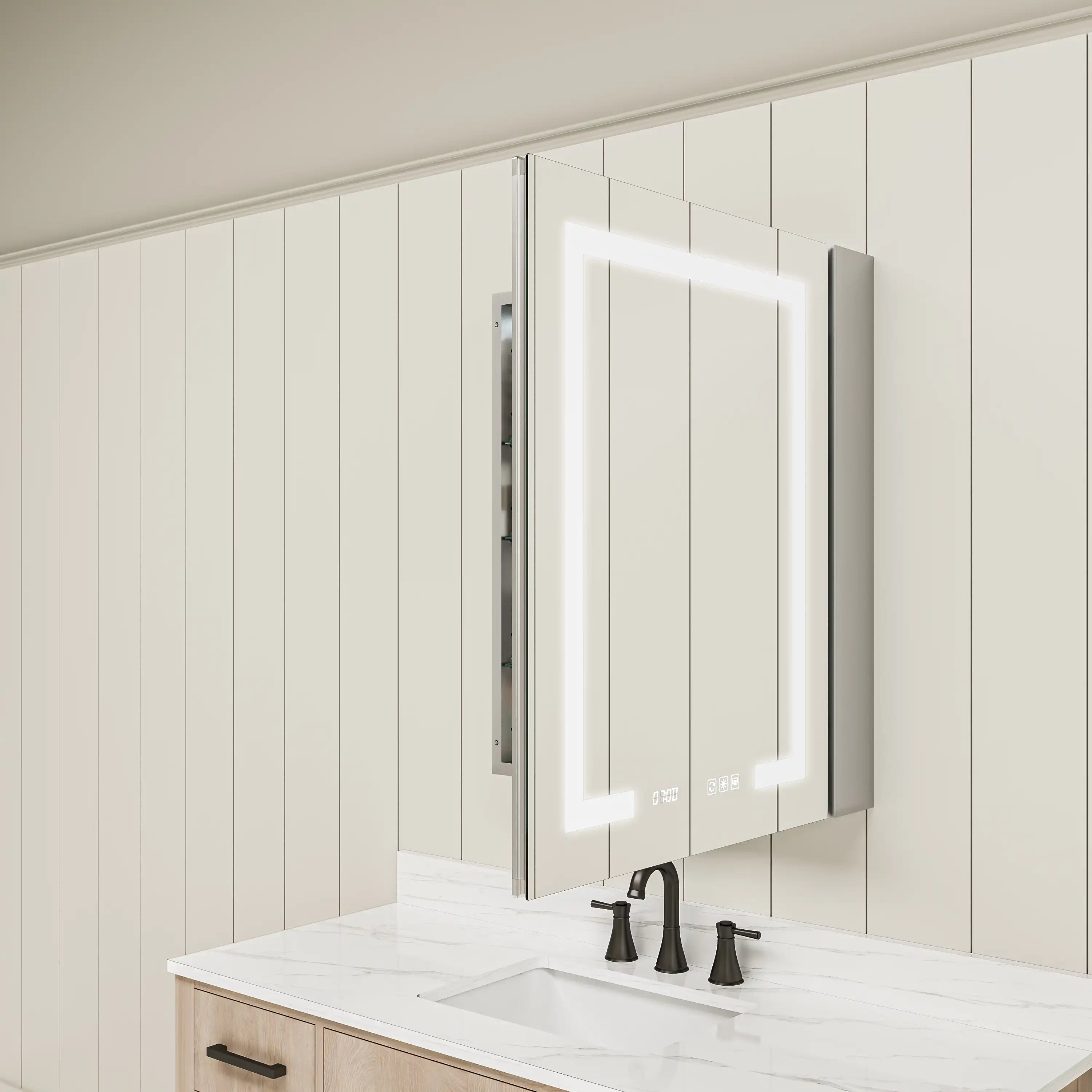 Pro Shower 24x30 LED Medicine Cabinet with mirror door open.
