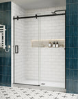 Side view of shower door sliding frameless, 60 x 74 inches, with matte black hardware and tempered glass | Ace Decor