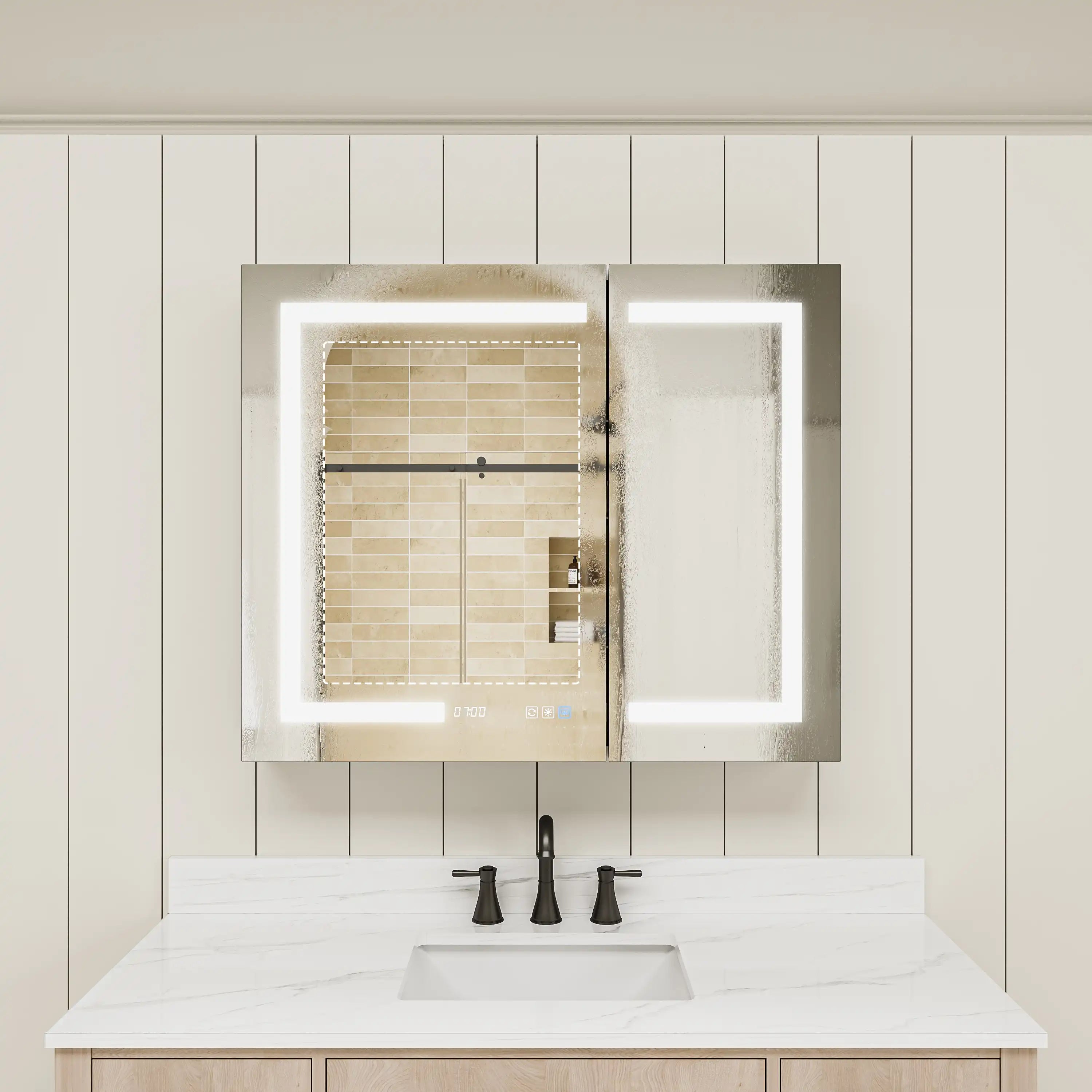 Pro Shower 36x30 LED Medicine Cabinet with anti-fog mirror for clear reflection after hot showers.