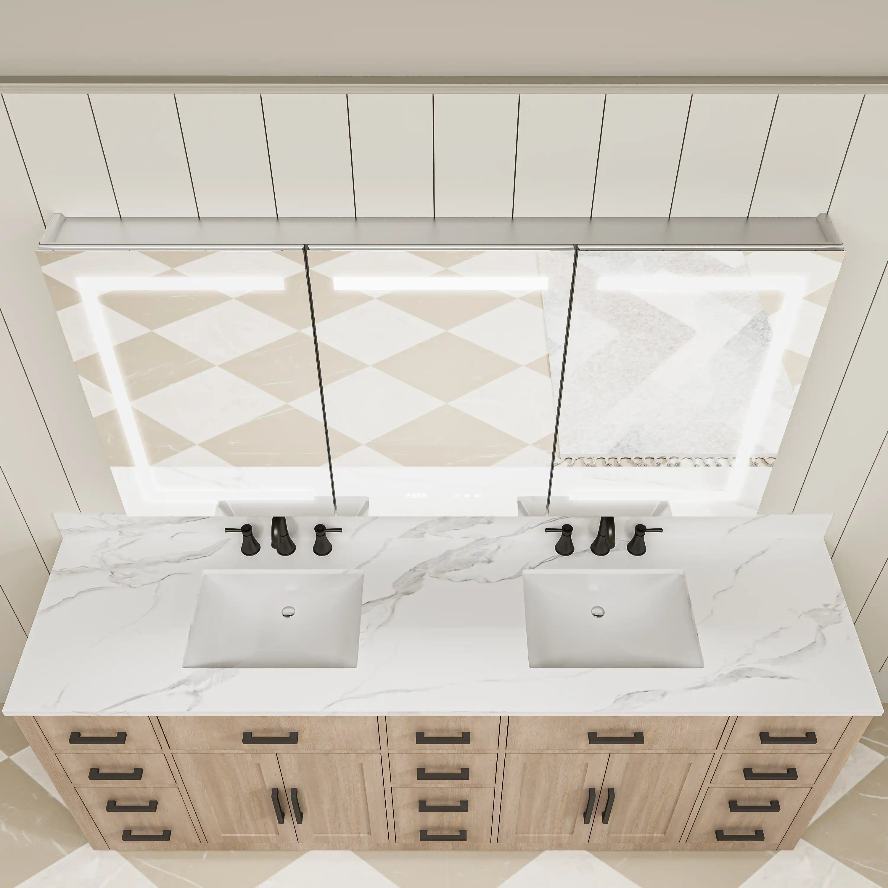 Top view of Pro Shower 48x30/60x30 Rectangular LED Medicine Cabinet installed above bathroom vanity, with LED lighting on.