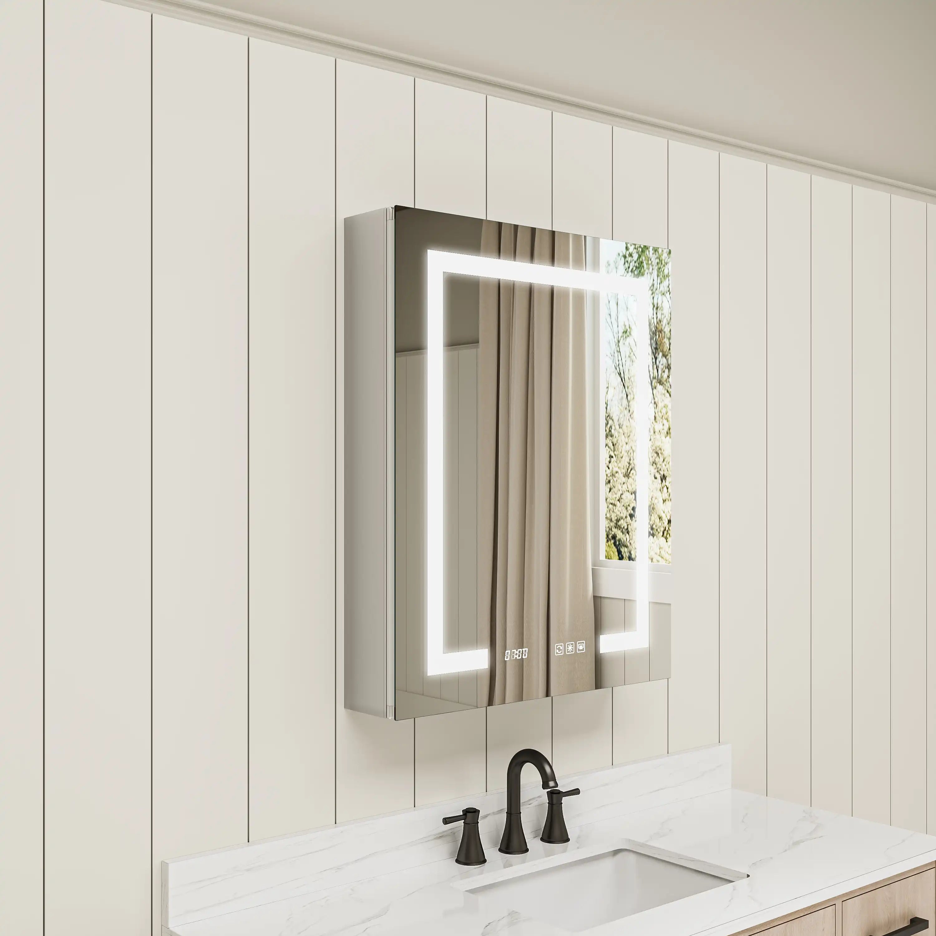 Wall-mounted Pro Shower LED Medicine Cabinet in bathroom with modern design.