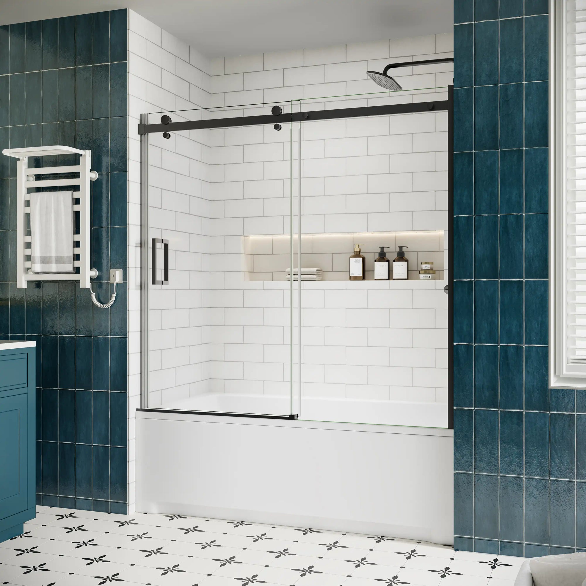 Matte black sliding bathtub door, frameless design, 60 x 58 inches, side view with tempered glass panels | Ace Decor