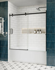 Matte black sliding bathtub door, frameless design, 60 x 58 inches, side view with tempered glass panels | Ace Decor