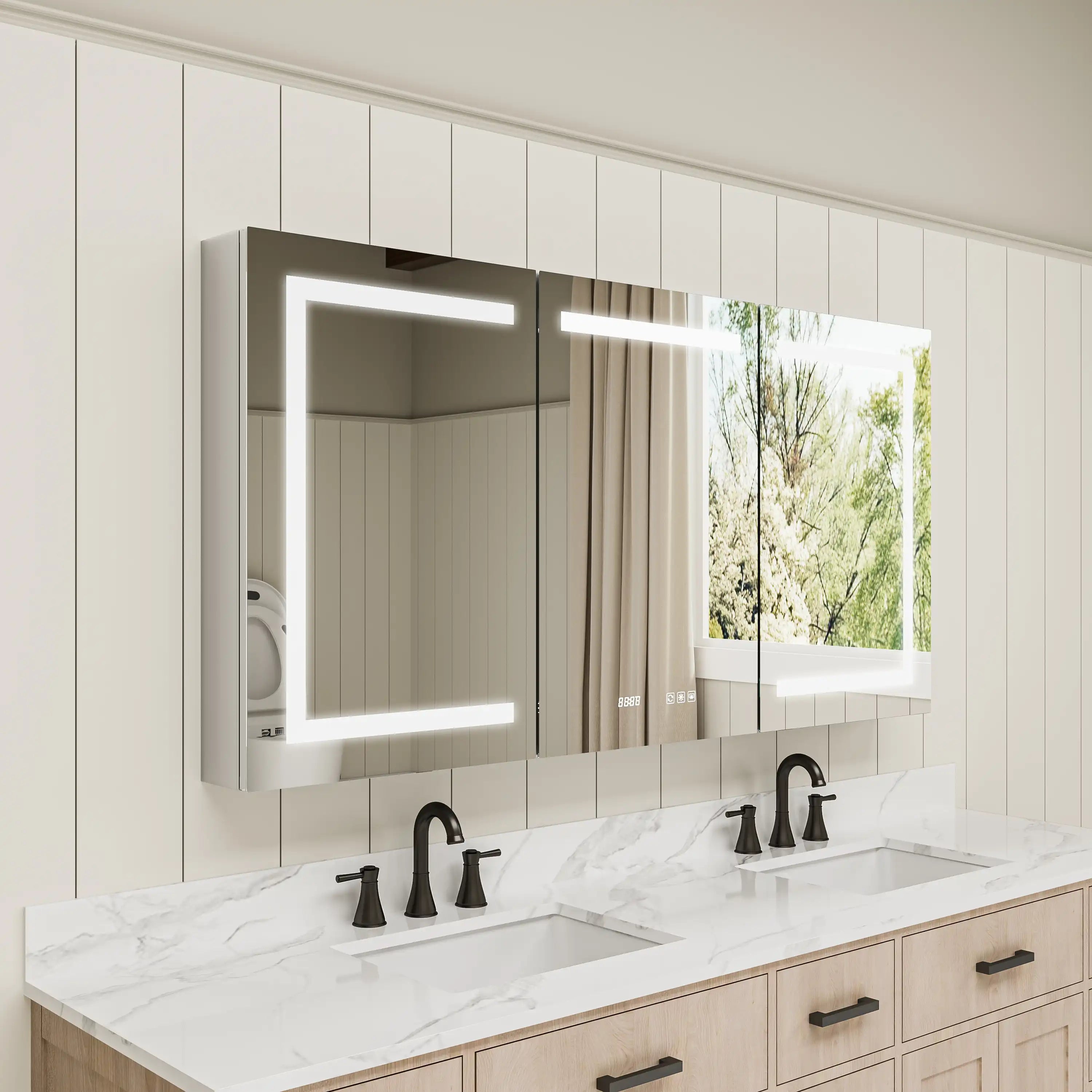 Pro Shower 48x30/60x30 LED Medicine Cabinet with lights turned on in modern bathroom.