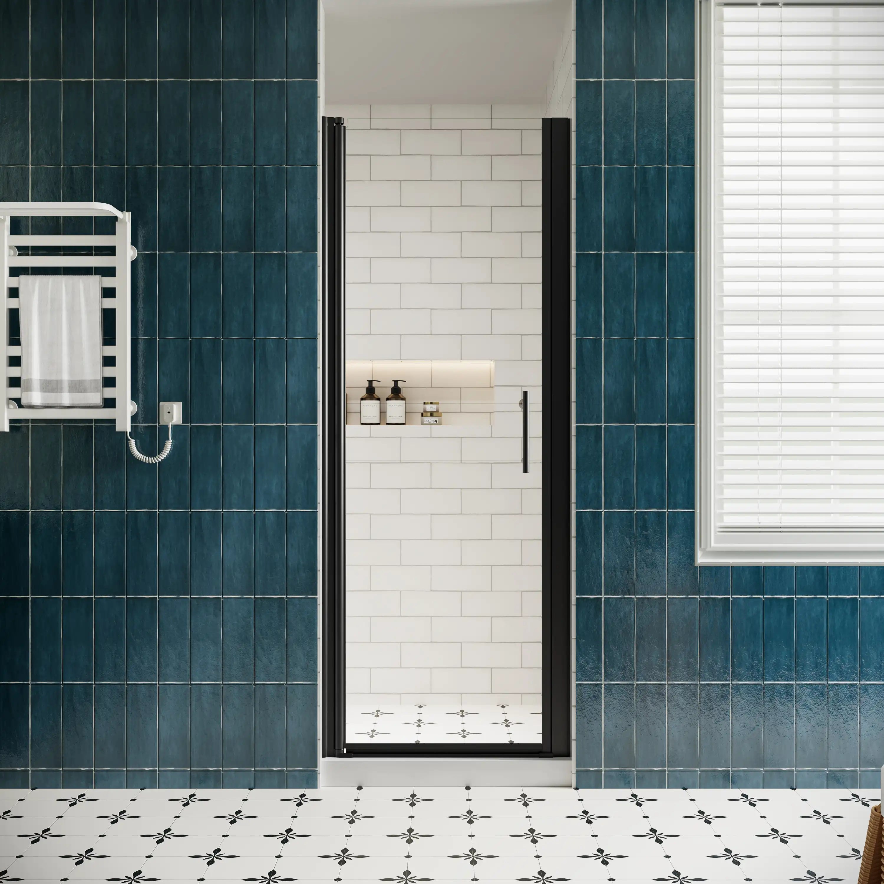 P103 Zerra Semi-Frameless Pivot Shower Door Closed in a Modern Bathroom.