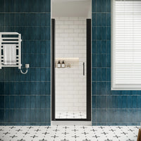 P103 Zerra Semi-Frameless Pivot Shower Door Closed in a Modern Bathroom.