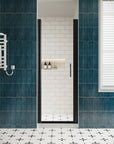 P103 Zerra Semi-Frameless Pivot Shower Door Closed in a Modern Bathroom.