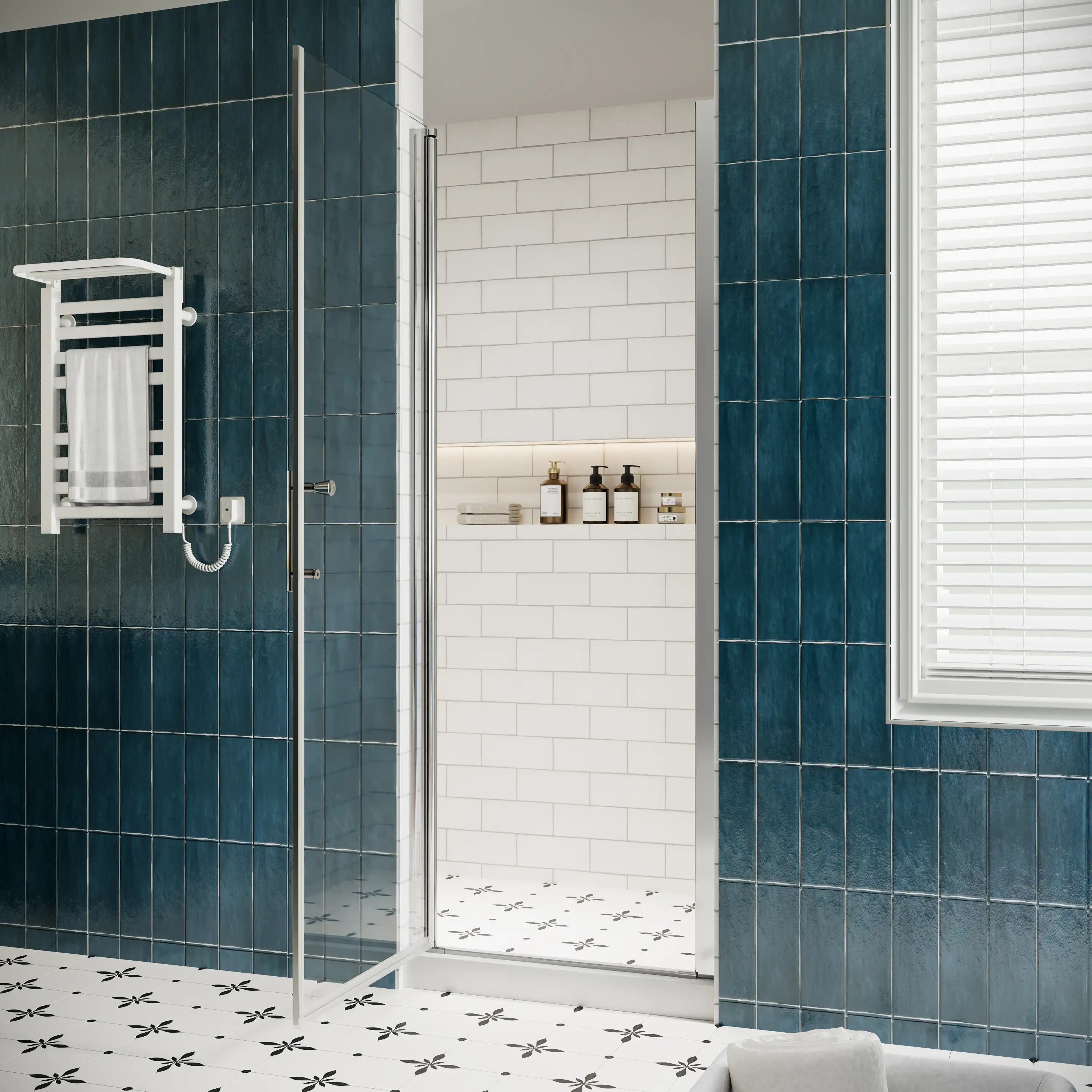 P103 Zerra Semi-Frameless Pivot Shower Door Closed in a Modern Bathroom.