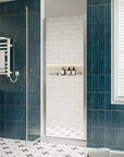 P103 Zerra Semi-Frameless Pivot Shower Door Closed in a Modern Bathroom.