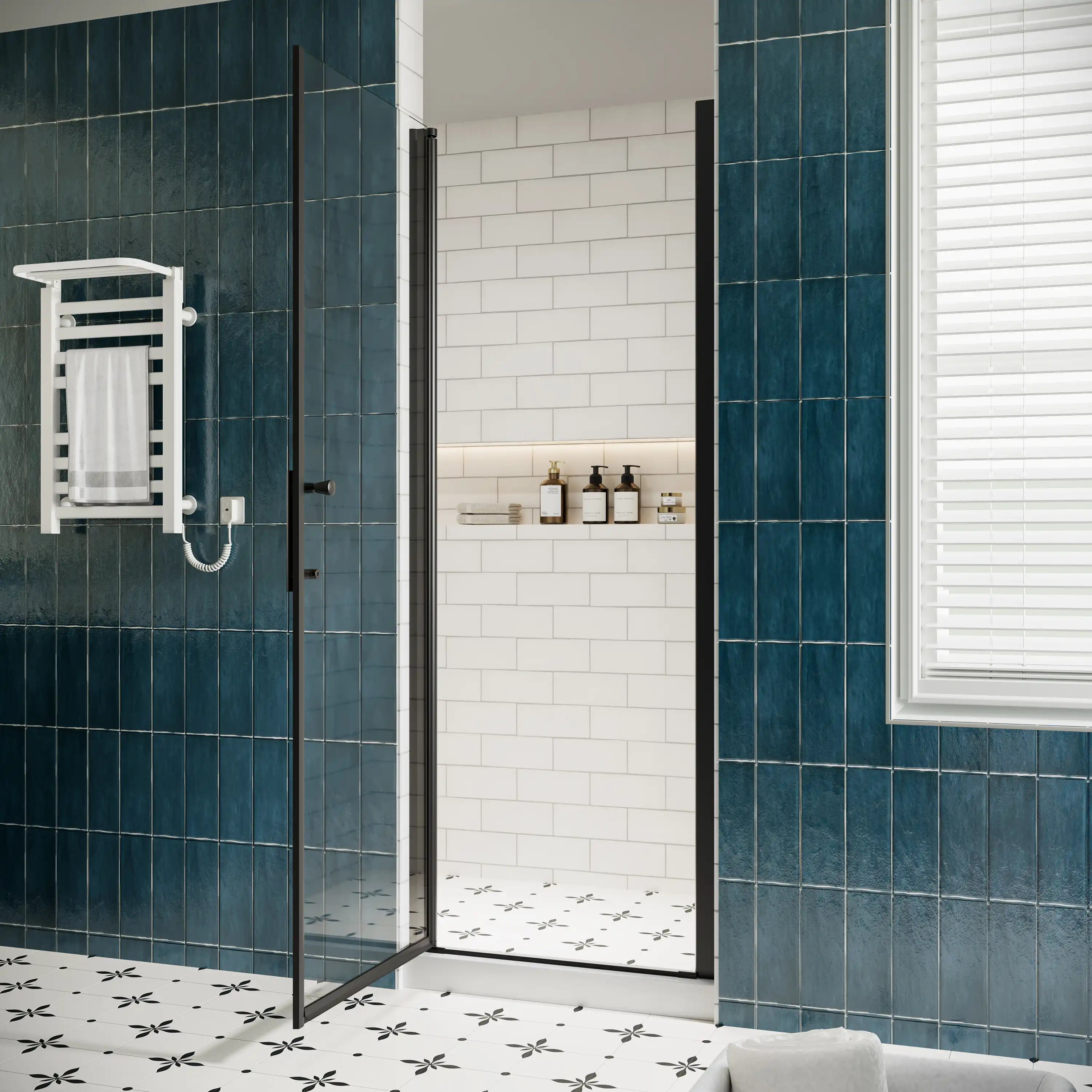 P103 Zerra Semi-Frameless Pivot Shower Door Open in a Modern Bathroom.