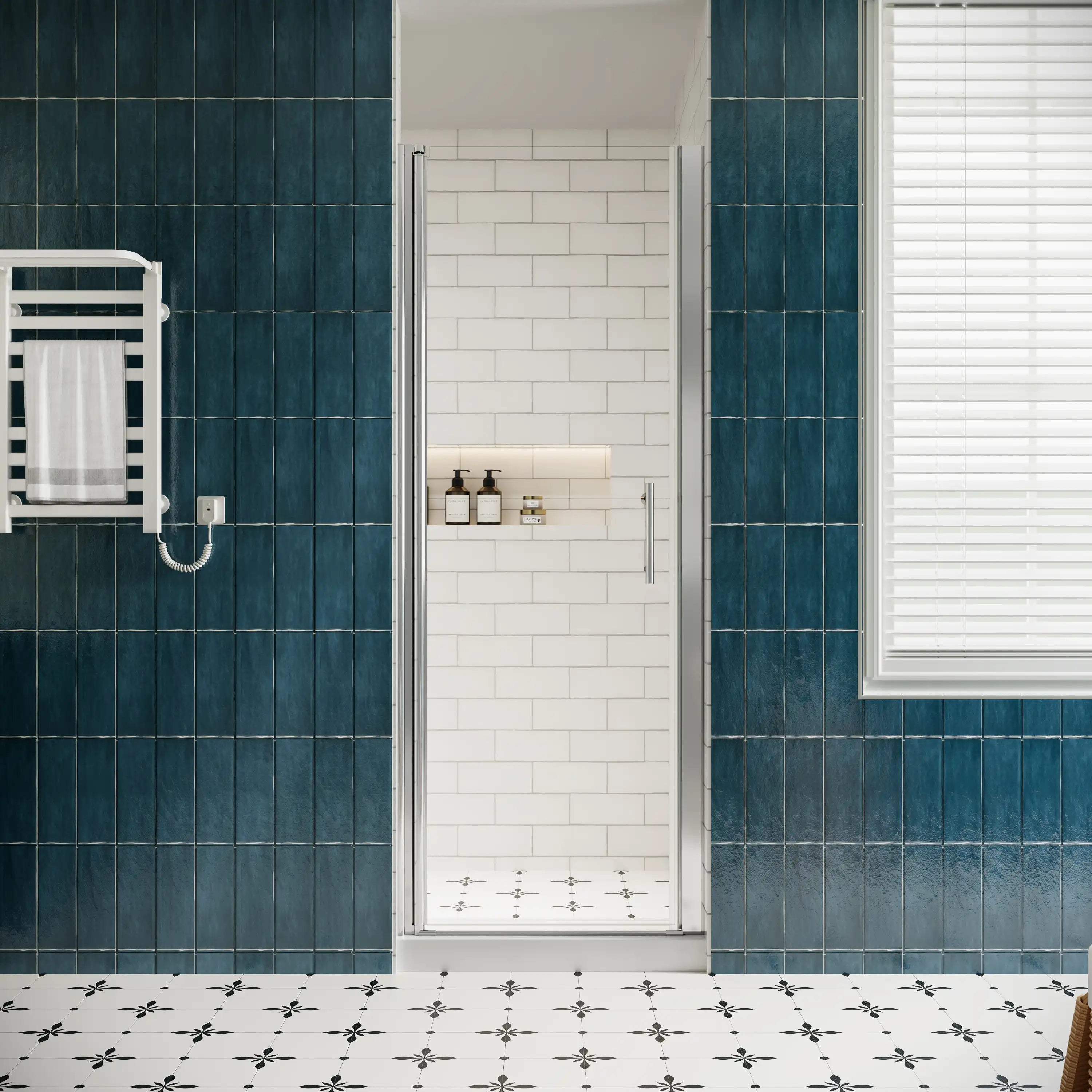 P103 Zerra Semi-Frameless Pivot Shower Door Closed in a Modern Bathroom.