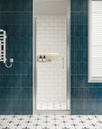 P103 Zerra Semi-Frameless Pivot Shower Door Closed in a Modern Bathroom.