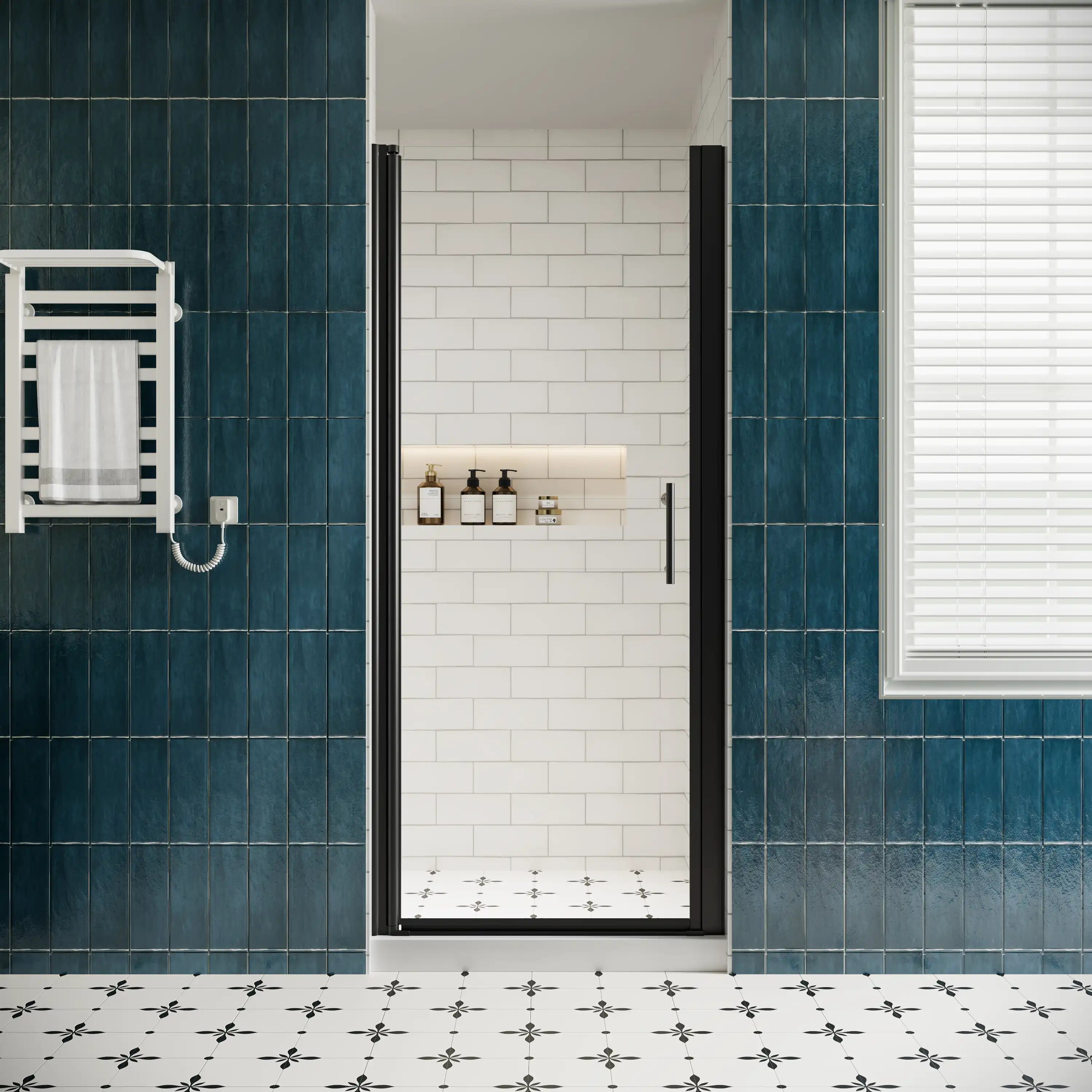 P103 Zerra Semi-Frameless Pivot Shower Door Closed in a Modern Bathroom.