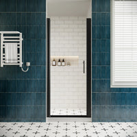 P103 Zerra Semi-Frameless Pivot Shower Door Closed in a Modern Bathroom.