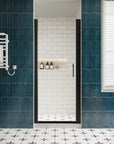 P103 Zerra Semi-Frameless Pivot Shower Door Closed in a Modern Bathroom.