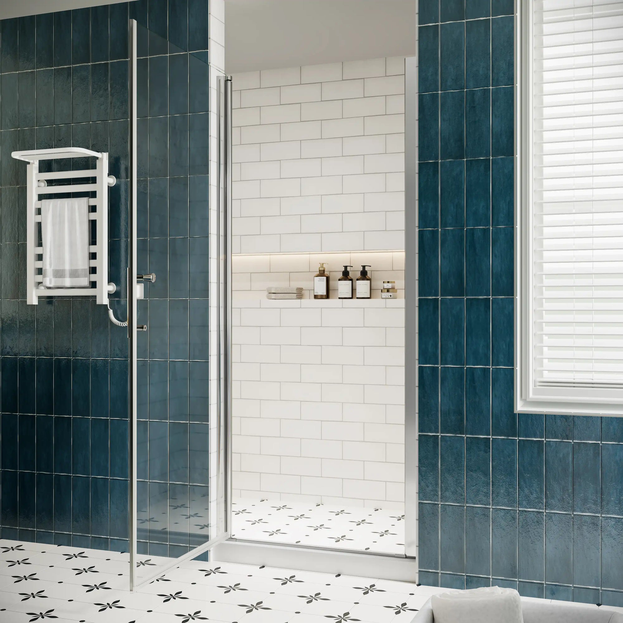 P103 Zerra Semi-Frameless Pivot Shower Door Closed in a Modern Bathroom.