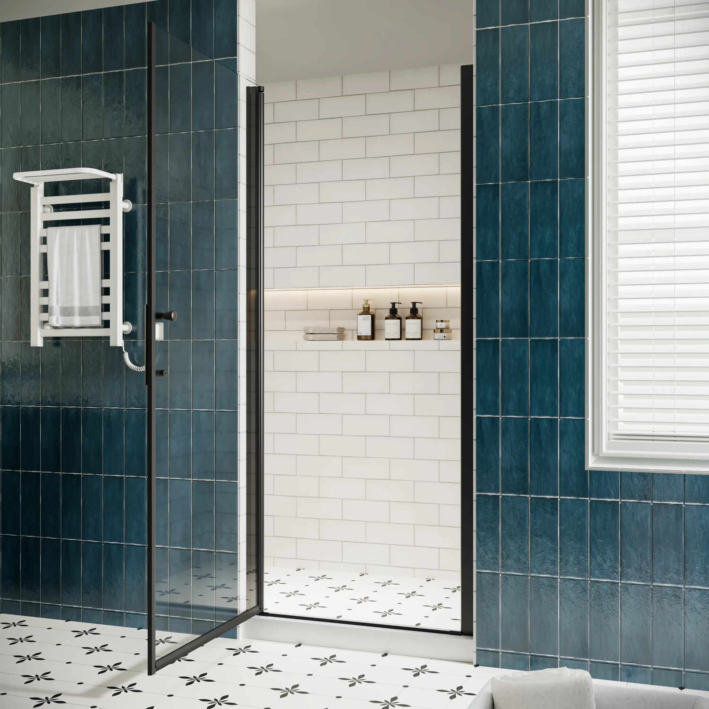 P103 Zerra Semi-Frameless Pivot Shower Door Open in a Modern Bathroom.