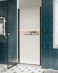 P103 Zerra Semi-Frameless Pivot Shower Door Open in a Modern Bathroom.