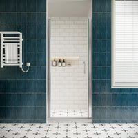 P103 Zerra Semi-Frameless Pivot Shower Door Closed in a Modern Bathroom.