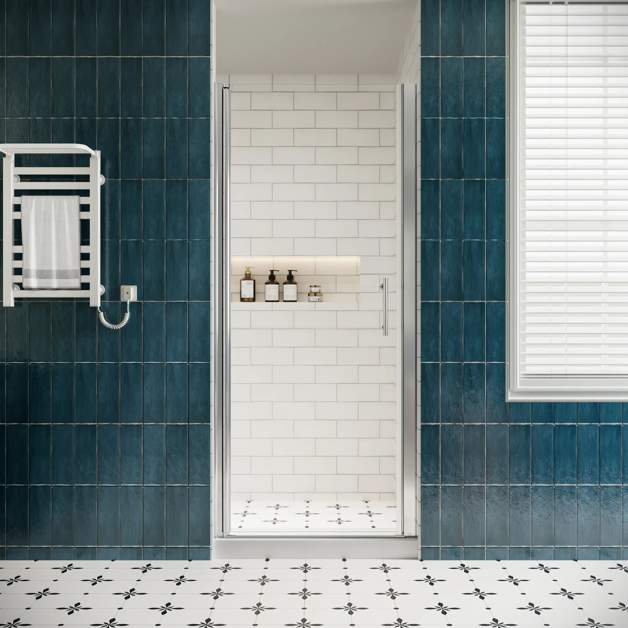P103 Zerra Semi-Frameless Pivot Shower Door Closed in a Modern Bathroom.