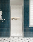 P103 Zerra Semi-Frameless Pivot Shower Door Closed in a Modern Bathroom.