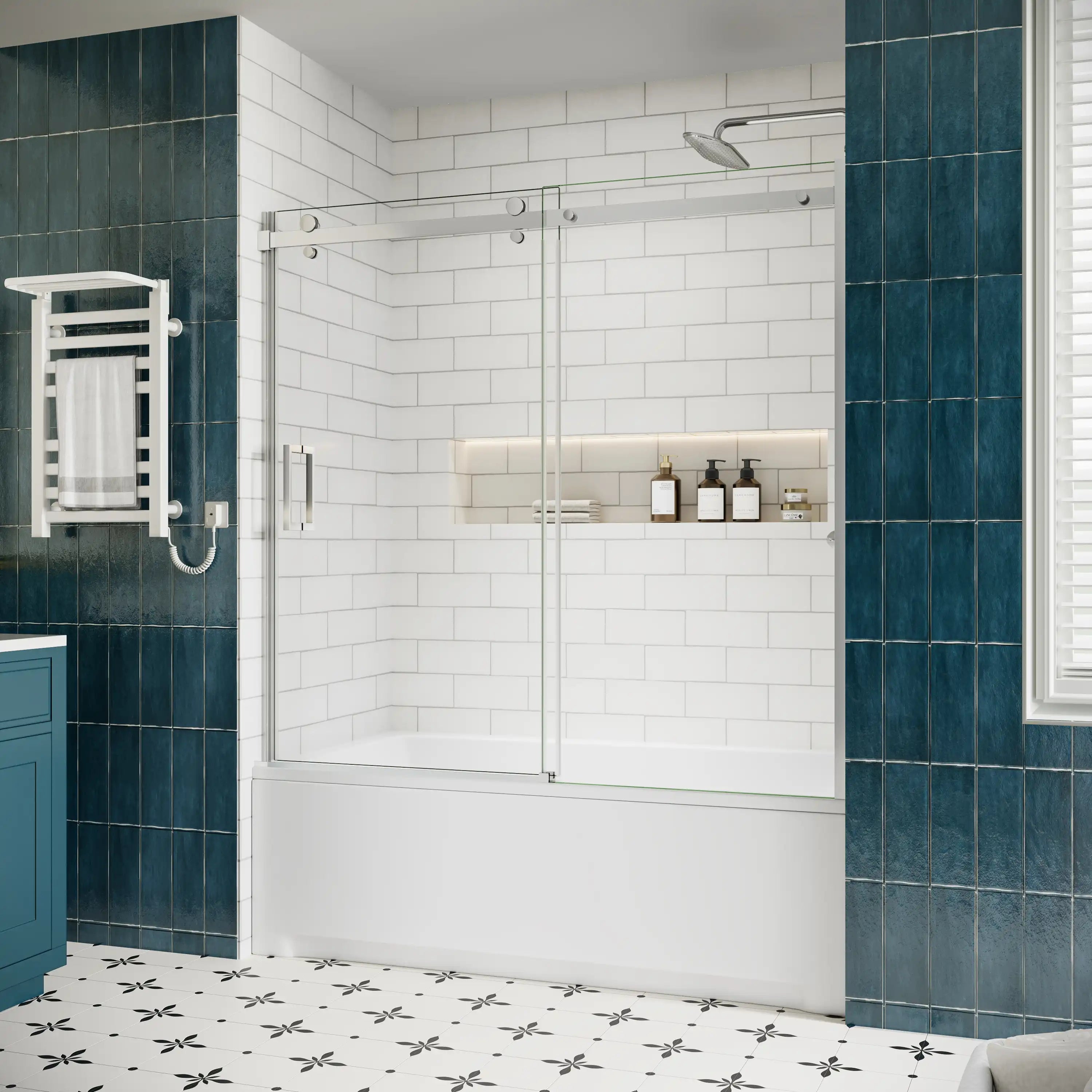 Side view of bathtub sliding glass doors frameless, chrome finish, size 60 x 58 inches | Ace Decor