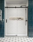 Front view of shower door sliding frameless, 60 x 74 inches, reverse installation with matte black hardware | Ace Decor